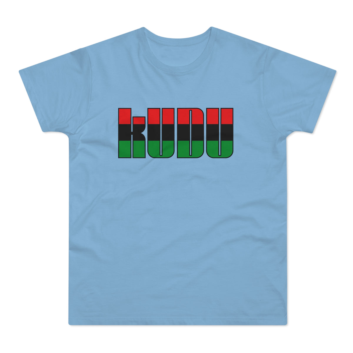 Light blue t-shirt with "KUDU" text in red, black, and green stripes.