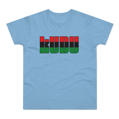 Light blue t-shirt with "KUDU" text in red, black, and green stripes.