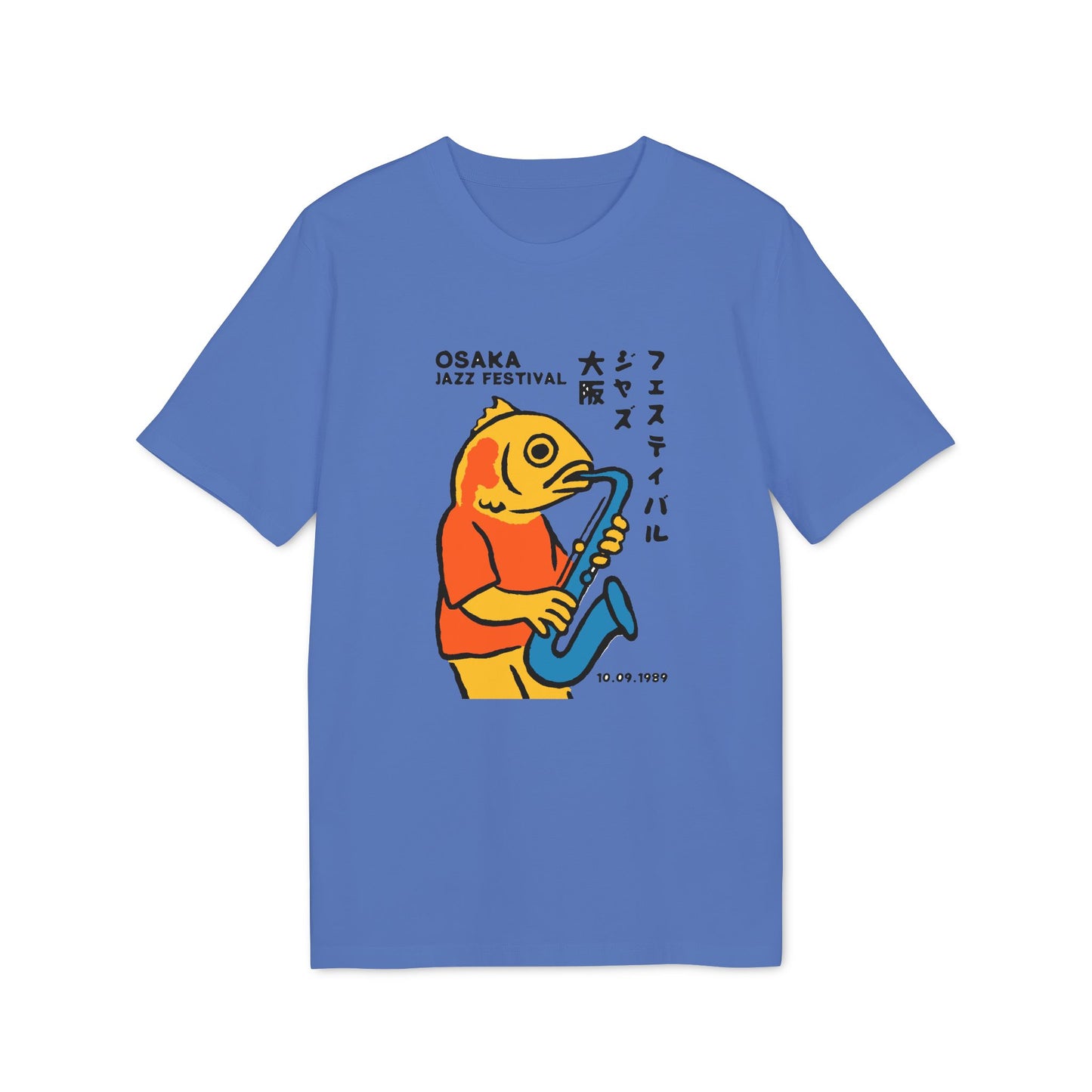 Blue t-shirt with Osaka Jazz Festival graphic of a fish playing saxophone.