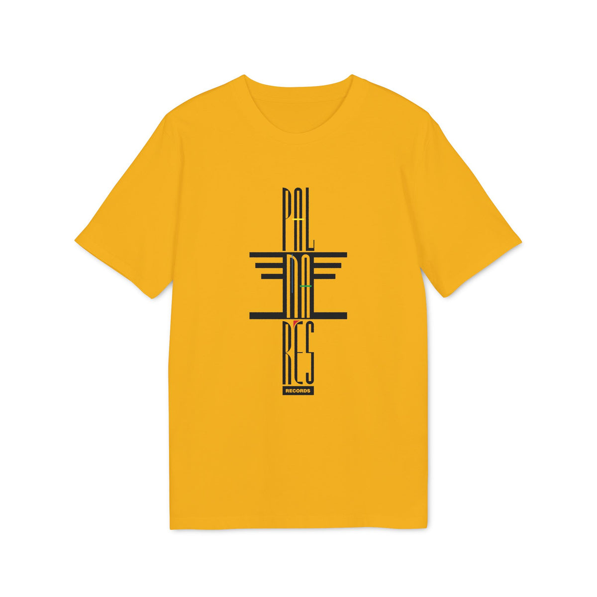 A golden yellow crewneck t-shirt featuring centered black typography that reads Palm Ares Records.