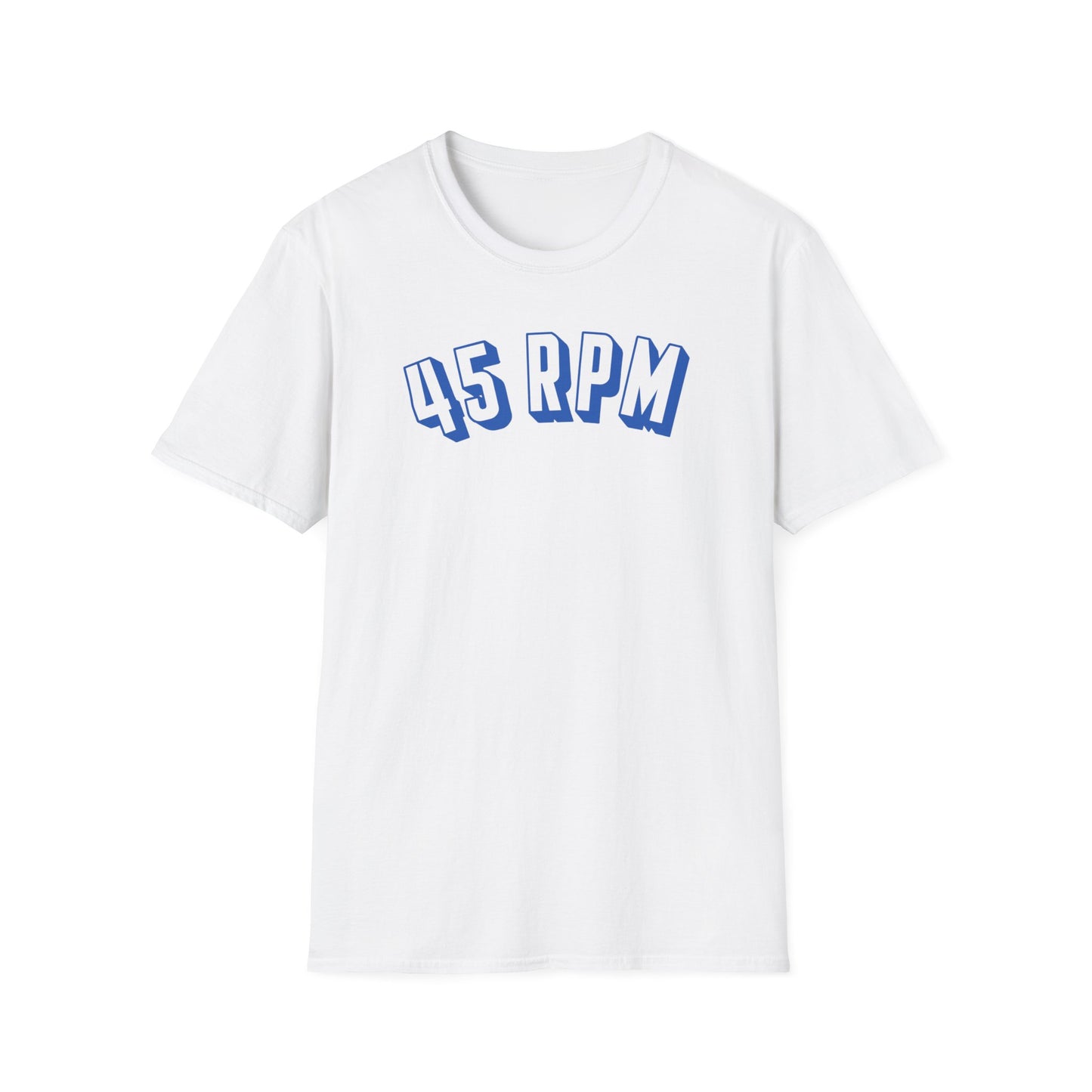 White t-shirt with a blue "45 RPM" graphic print.