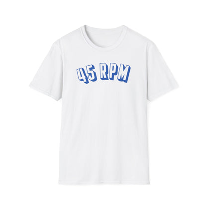 White t-shirt with a blue "45 RPM" graphic print.