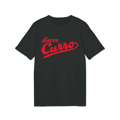 A black short-sleeved t-shirt features red cursive text on the front reading "discos Curro".