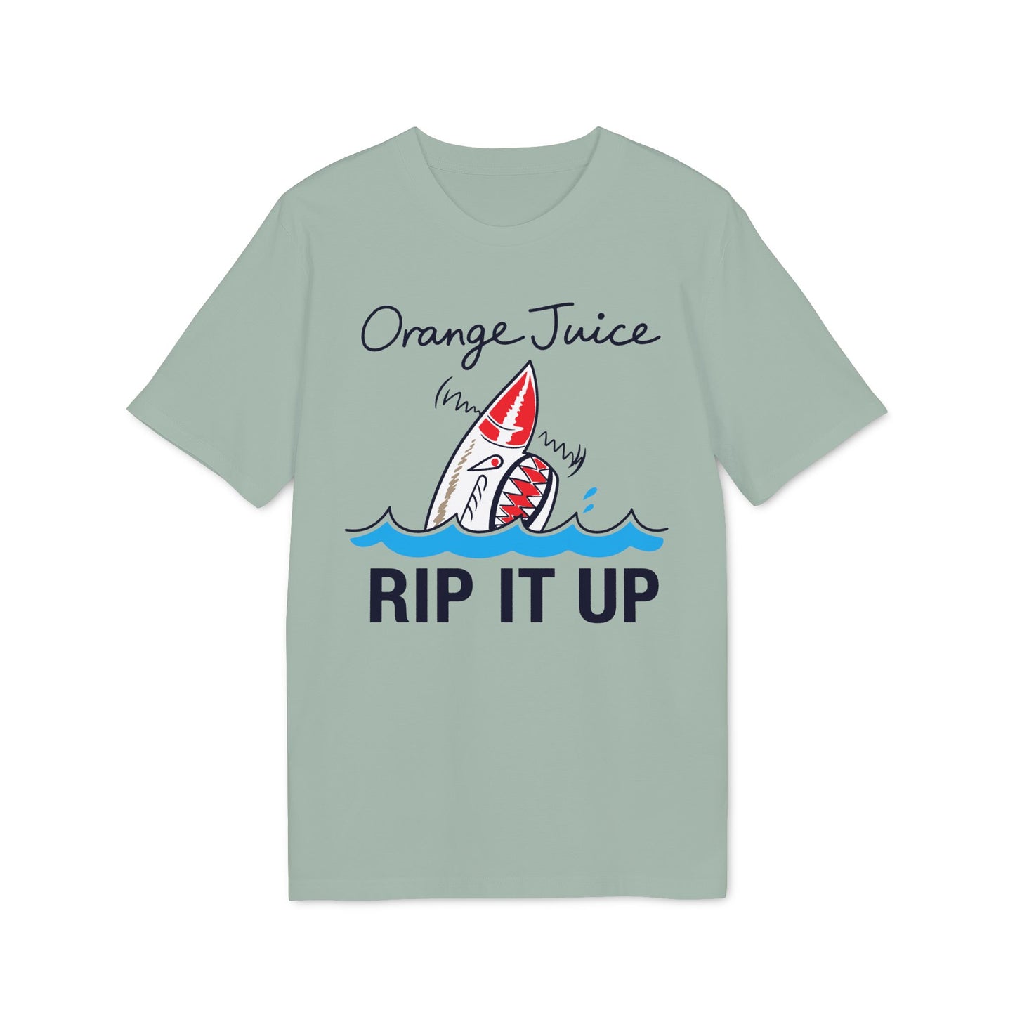 T-shirt with cartoon shark jumping from waves, text "Orange Juice RIP IT UP".