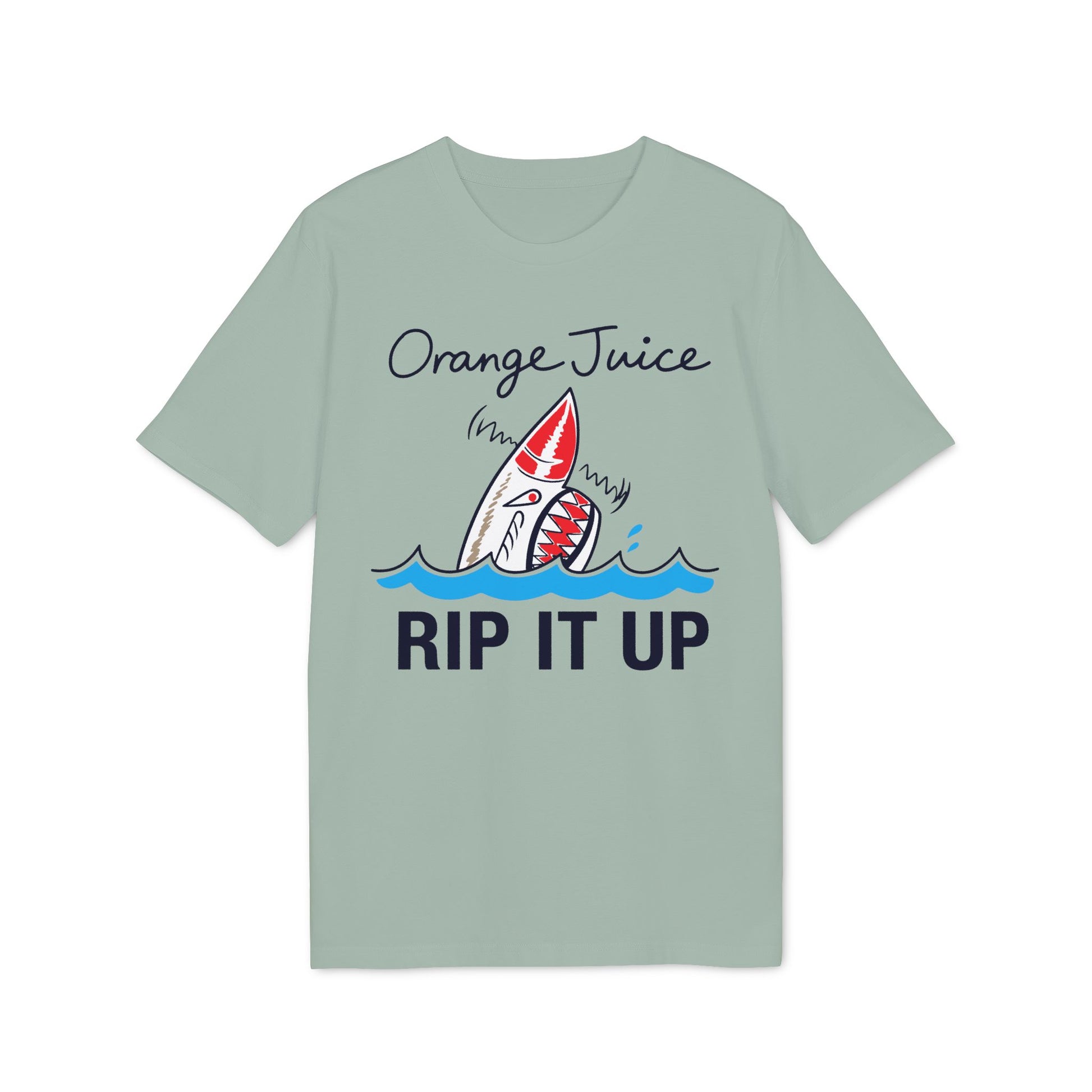 T-shirt with cartoon shark jumping from waves, text "Orange Juice RIP IT UP".