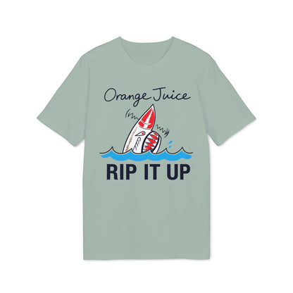 T-shirt with cartoon shark jumping from waves, text "Orange Juice RIP IT UP".