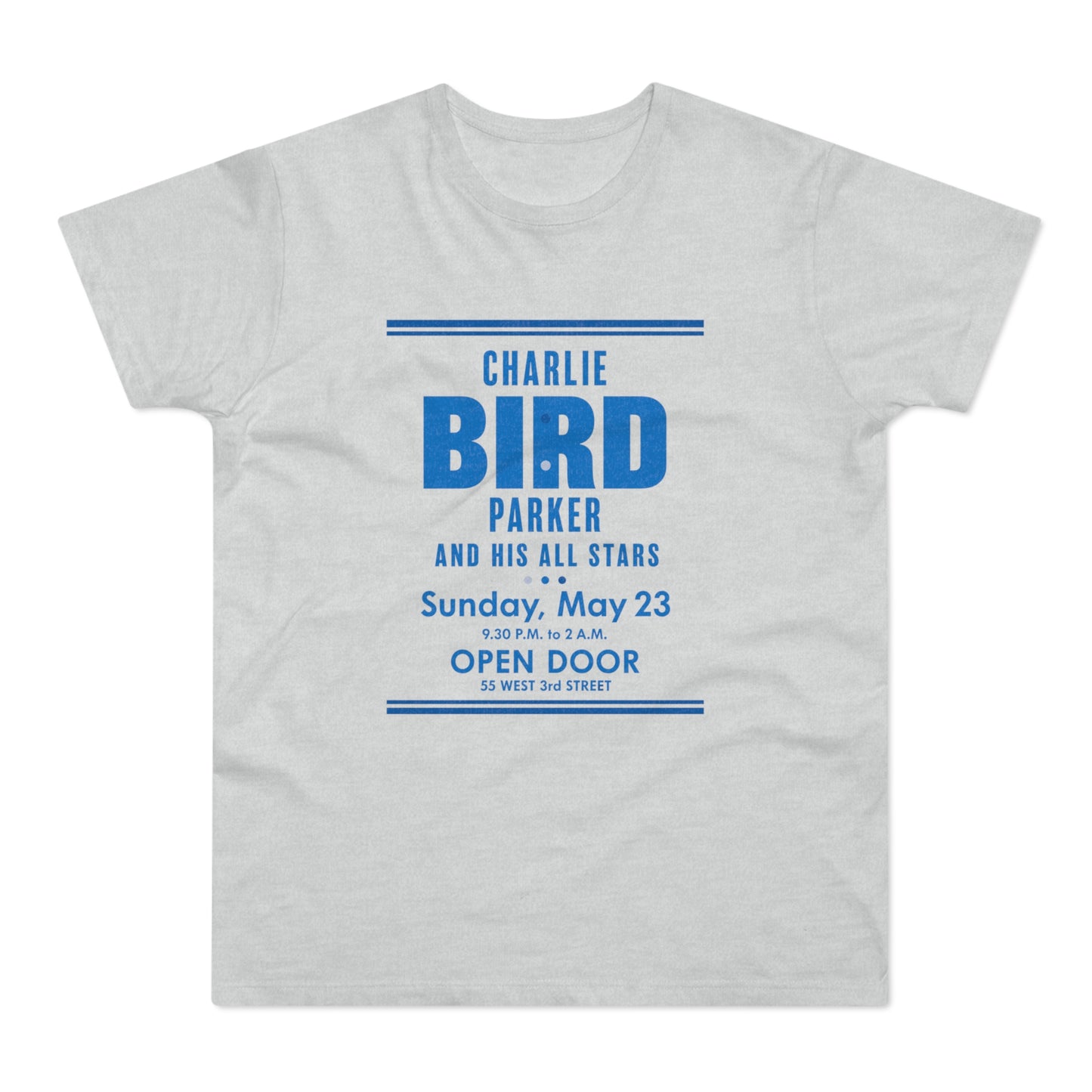 Light gray t-shirt with "Charlie Bird Parker and His All Stars" and concert details.