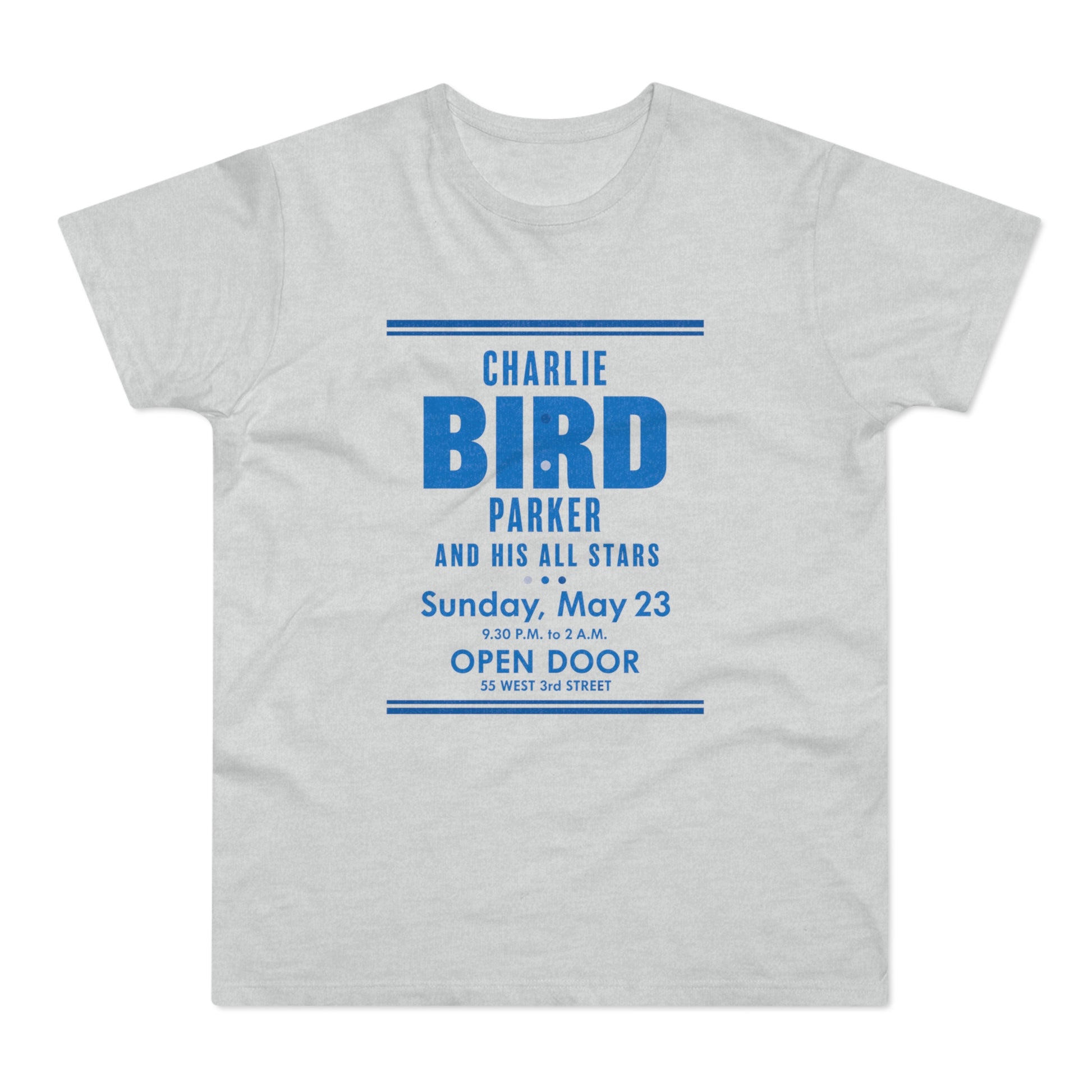 Light gray t-shirt with "Charlie Bird Parker and His All Stars" and concert details.