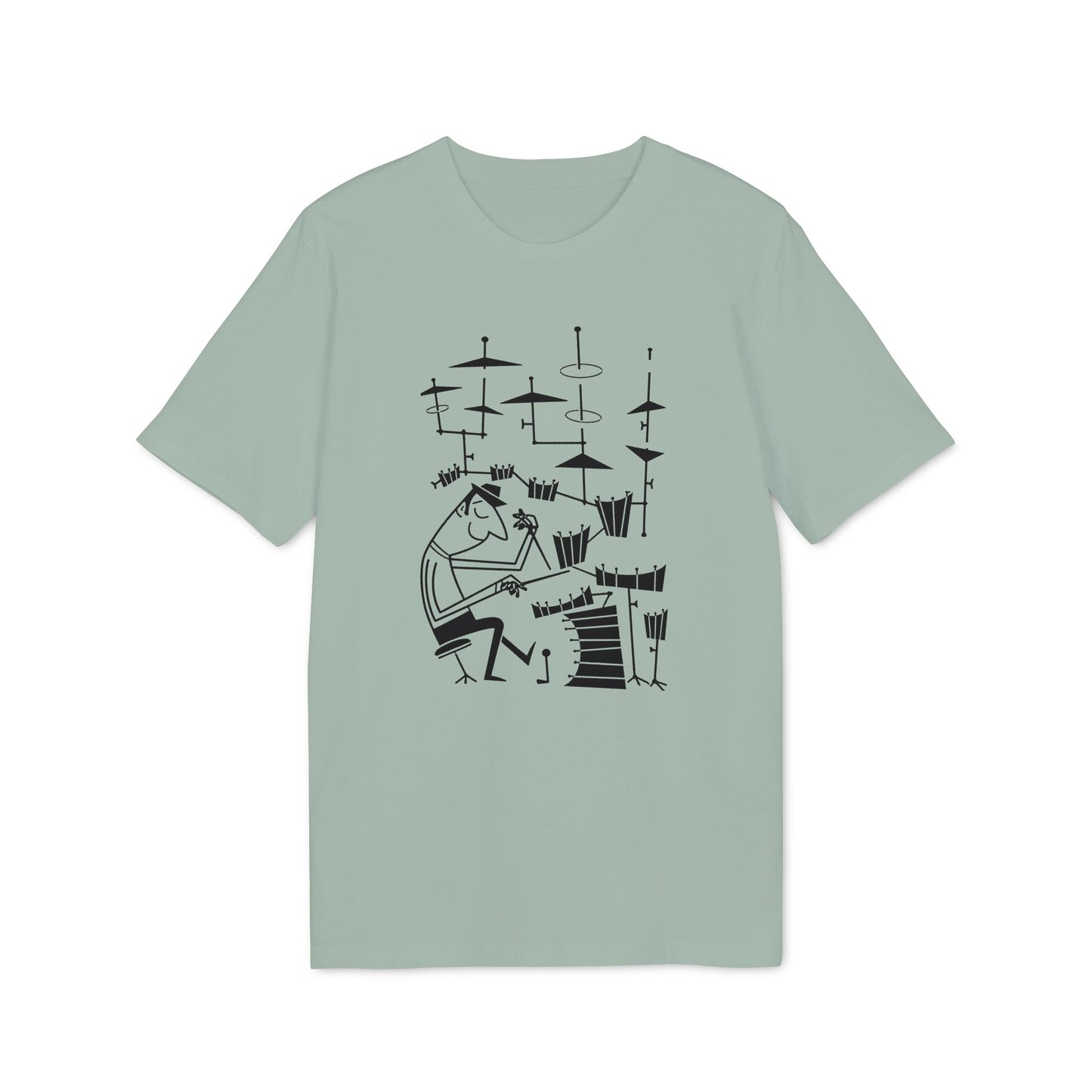 Black line drawing of a drummer playing a full drum set on a light green t-shirt.
