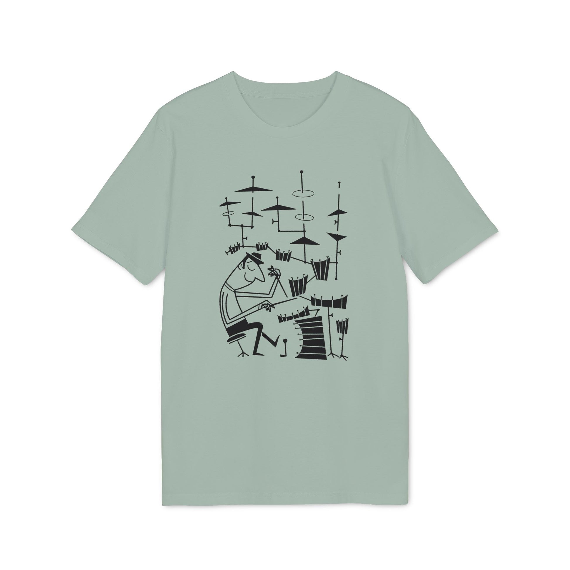 Black line drawing of a drummer playing a full drum set on a light green t-shirt.