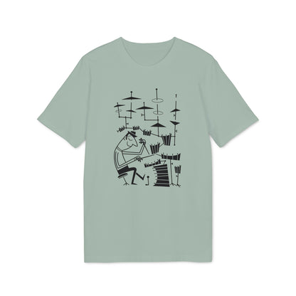 Black line drawing of a drummer playing a full drum set on a light green t-shirt.