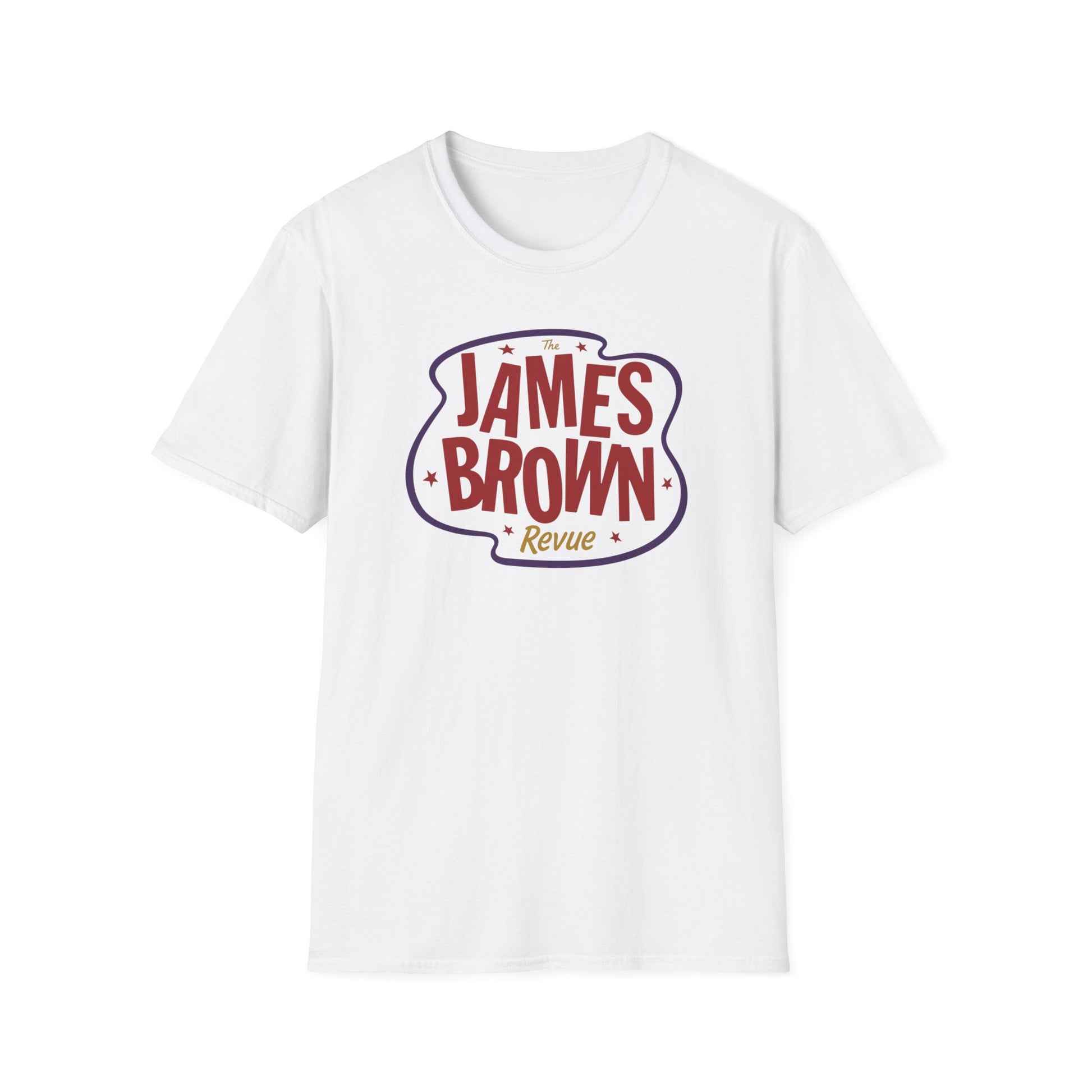 White t-shirt with "The James Brown Revue" logo in maroon and dark blue.