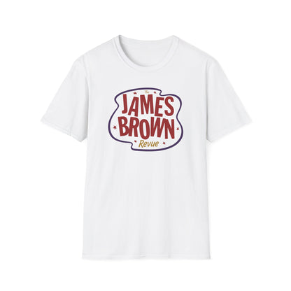 White t-shirt with "The James Brown Revue" logo in maroon and dark blue.