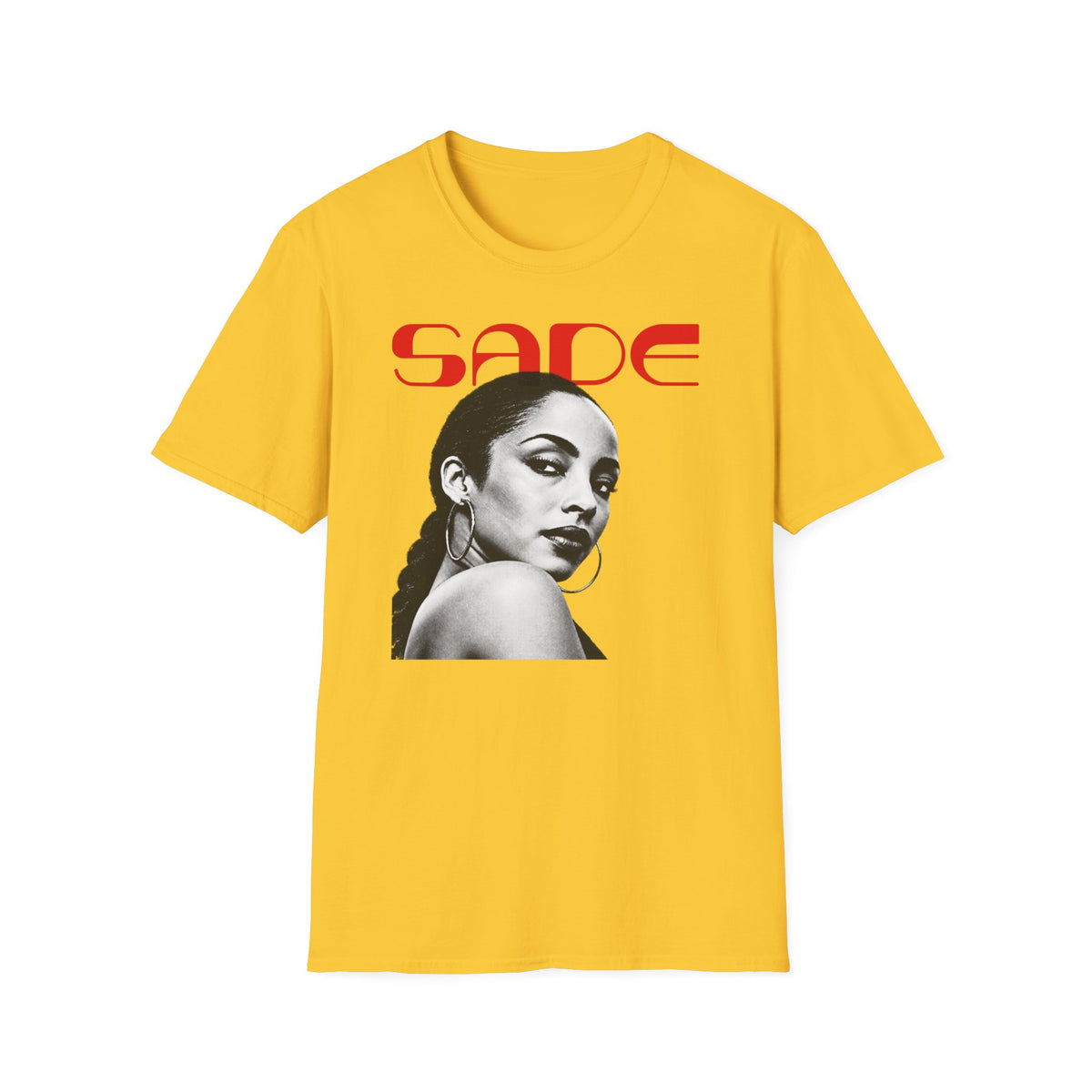 Yellow t-shirt with red "SADE" text and black and white portrait of Sade.