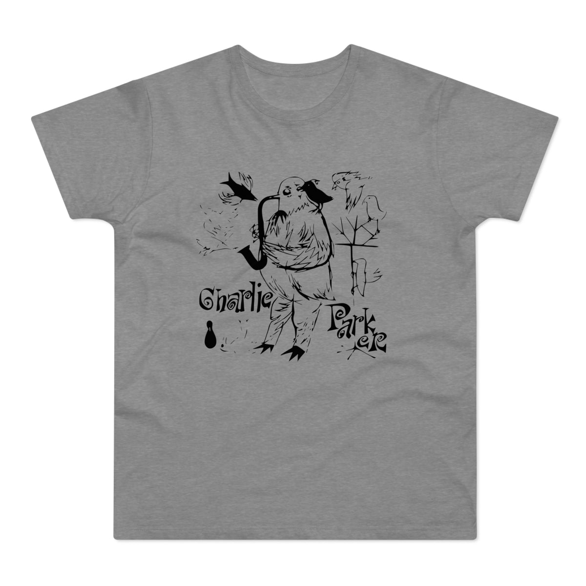 Black ink drawing of a bird playing a saxophone with "Charlie Parker" text.