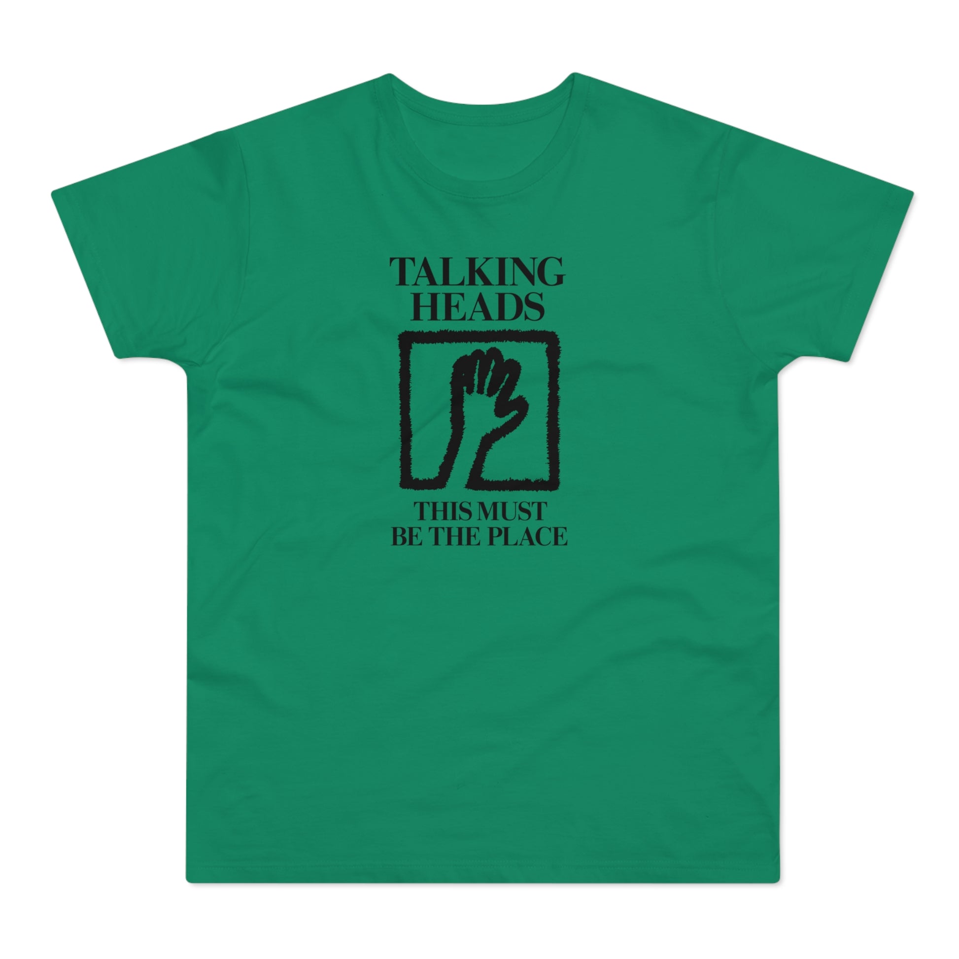 Green t-shirt with Talking Heads logo and "THIS MUST BE THE PLACE" text.