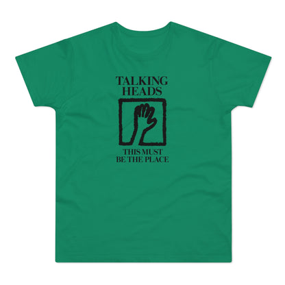 Green t-shirt with Talking Heads logo and "THIS MUST BE THE PLACE" text.
