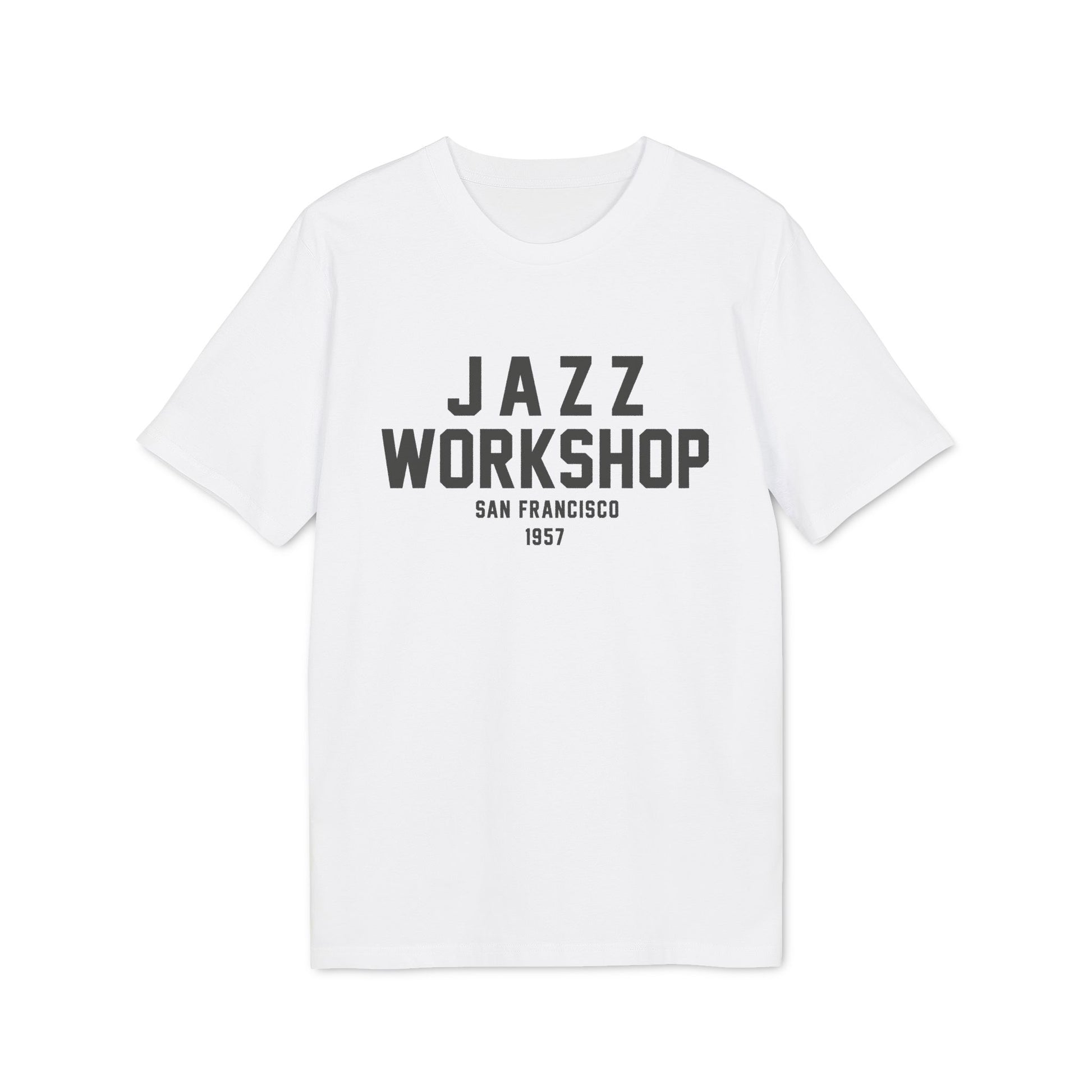 White t-shirt with black text "JAZZ WORKSHOP SAN FRANCISCO 1957"