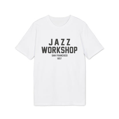 White t-shirt with black text "JAZZ WORKSHOP SAN FRANCISCO 1957"