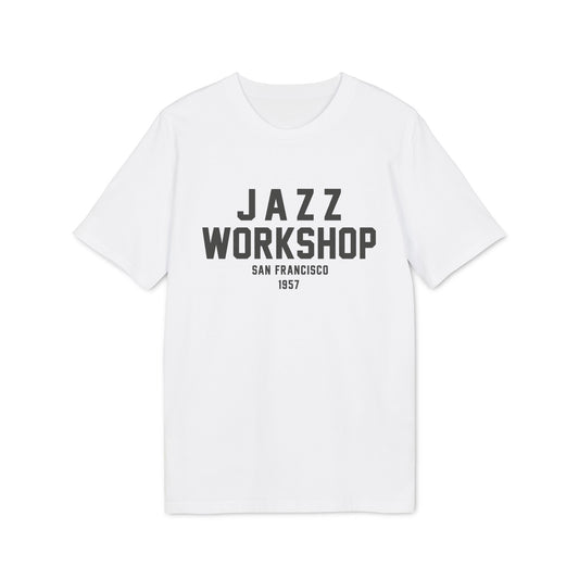 White t-shirt with black text "JAZZ WORKSHOP SAN FRANCISCO 1957"