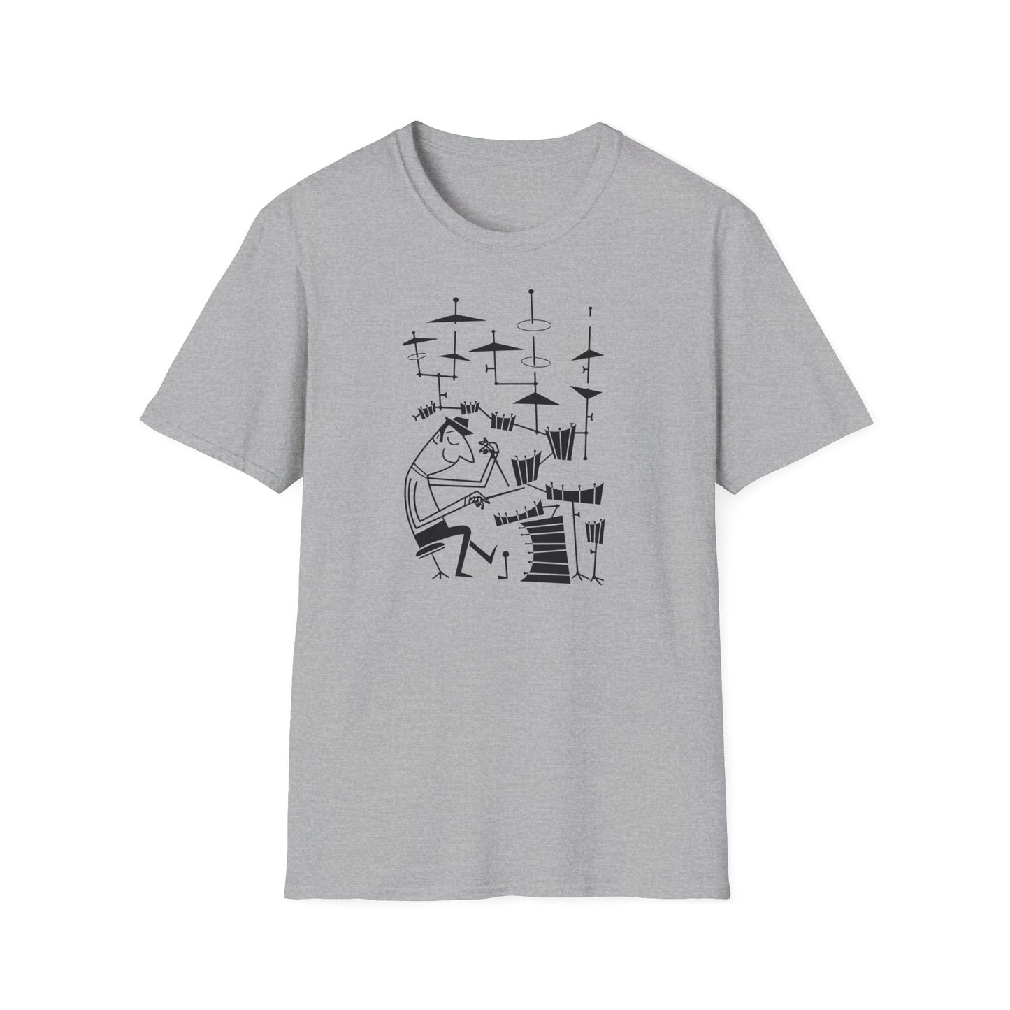 Black line drawing of a person playing drums on a gray t-shirt.