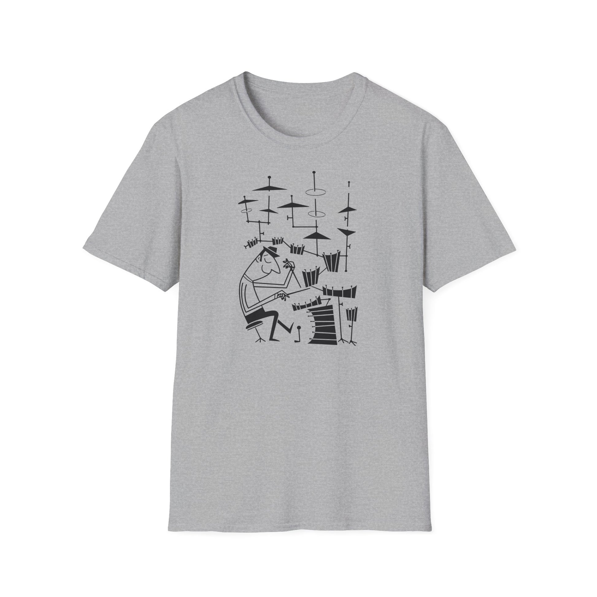 Black line drawing of a person playing drums on a gray t-shirt.