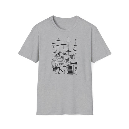Black line drawing of a person playing drums on a gray t-shirt.