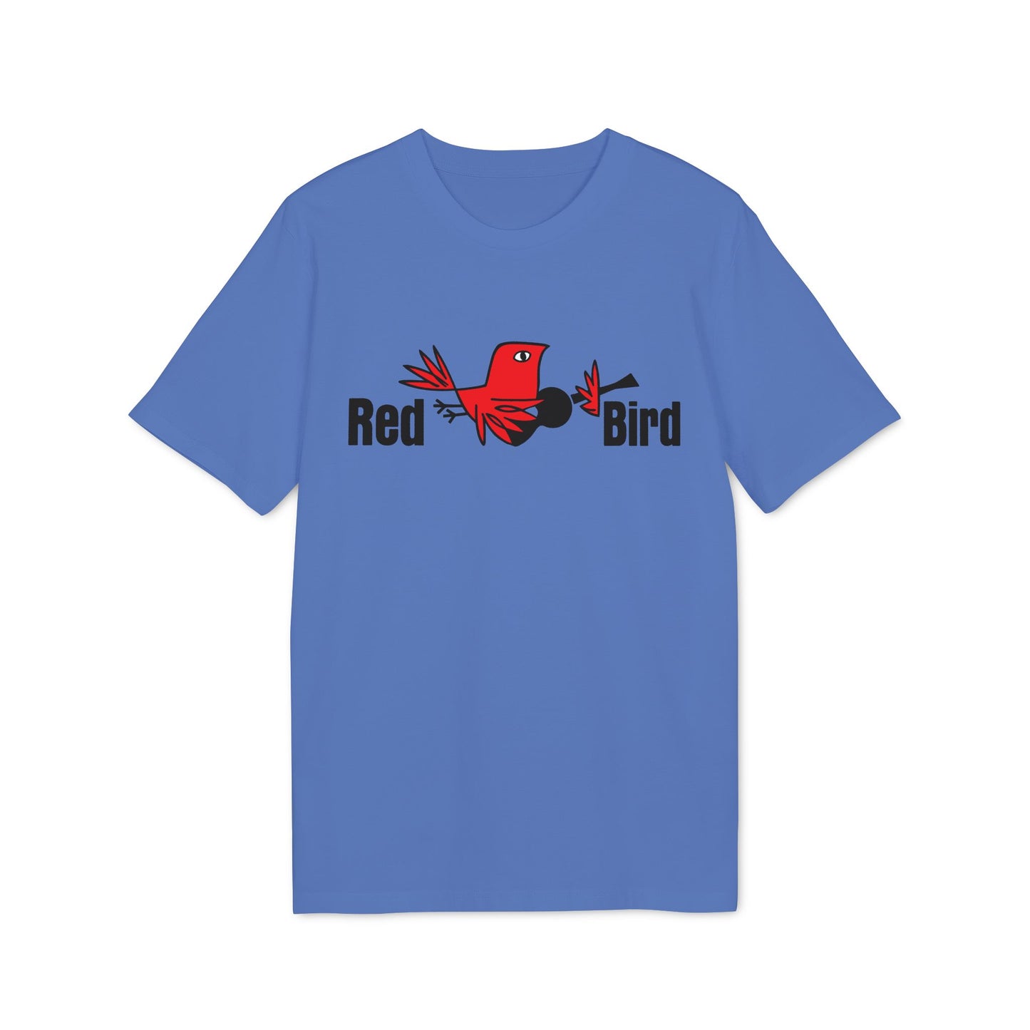 Blue t-shirt with a red bird graphic and text reading "Red Bird."