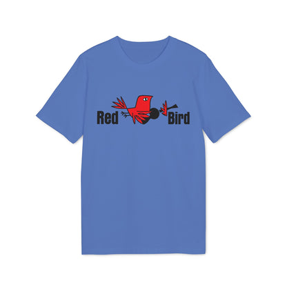 Blue t-shirt with a red bird graphic and text reading "Red Bird."