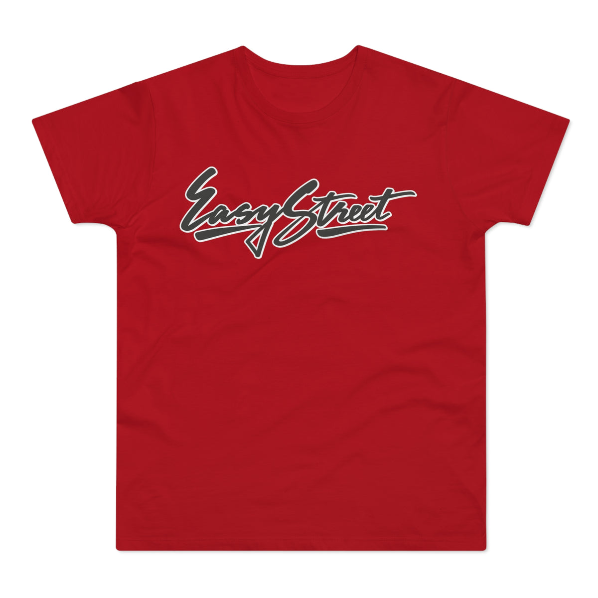 Red t-shirt with black and white "Easy Street" script logo.
