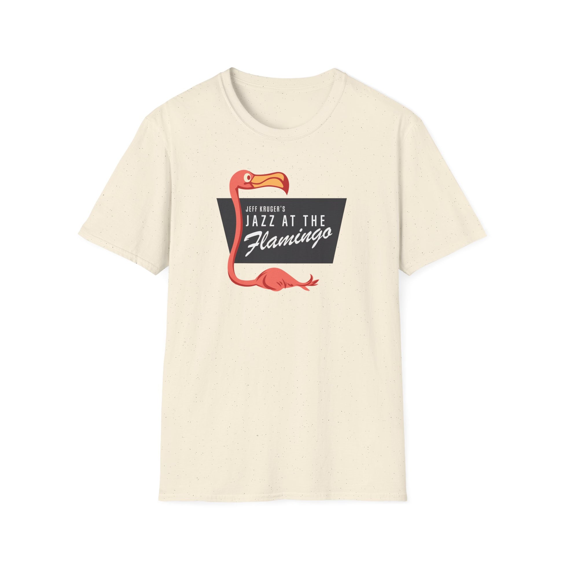 Cream t-shirt with pink flamingo graphic and text "Jeff Kruger's Jazz at the Flamingo".