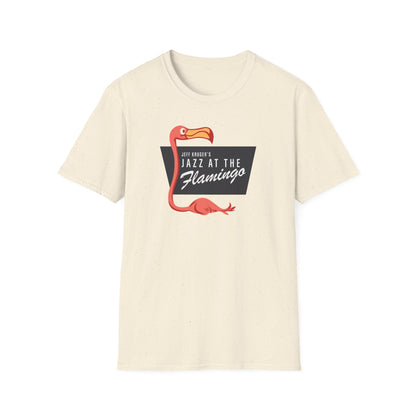 Cream t-shirt with pink flamingo graphic and text "Jeff Kruger's Jazz at the Flamingo".