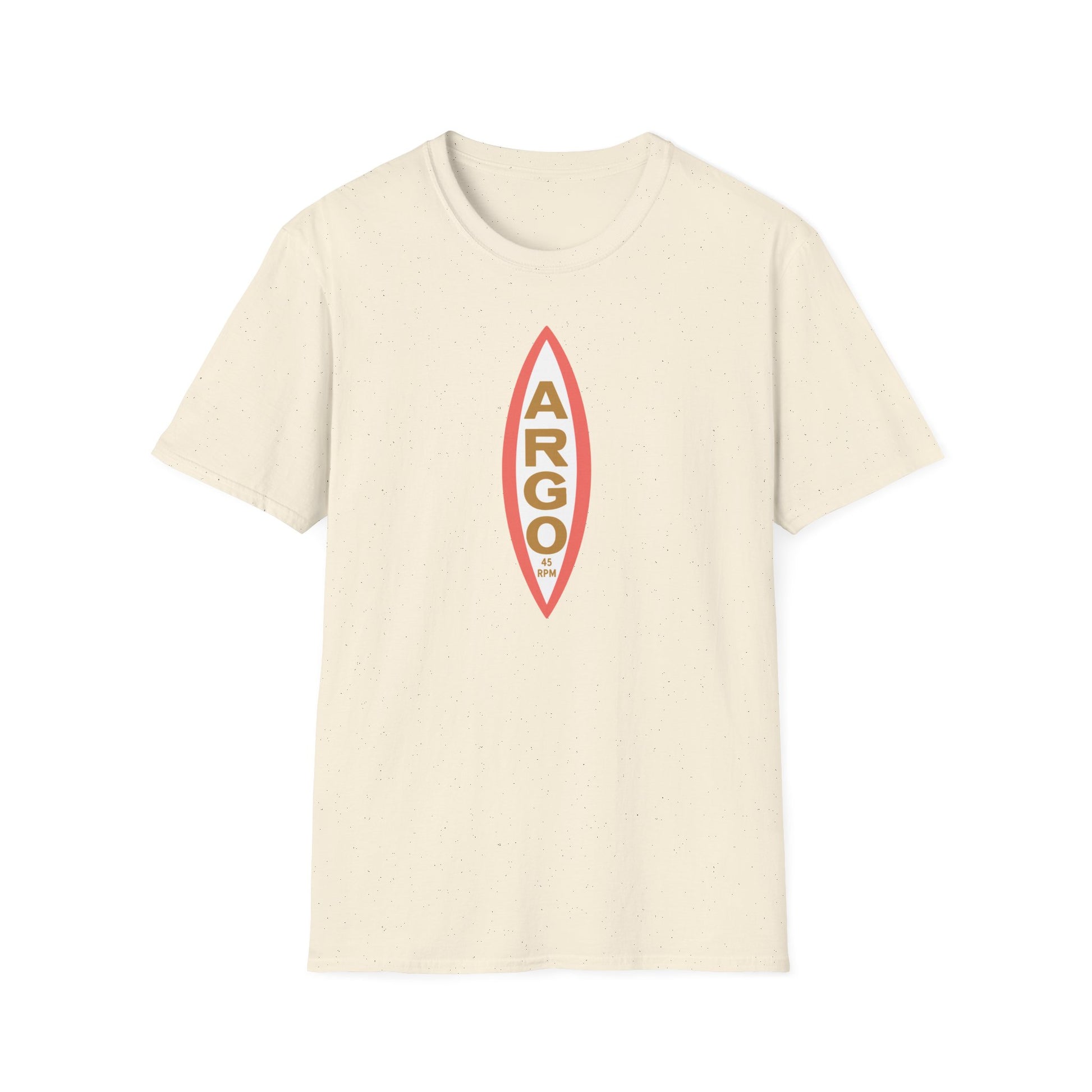 Cream t-shirt with a vertical, red and gold oval logo featuring the word ARGO and "45 RPM".