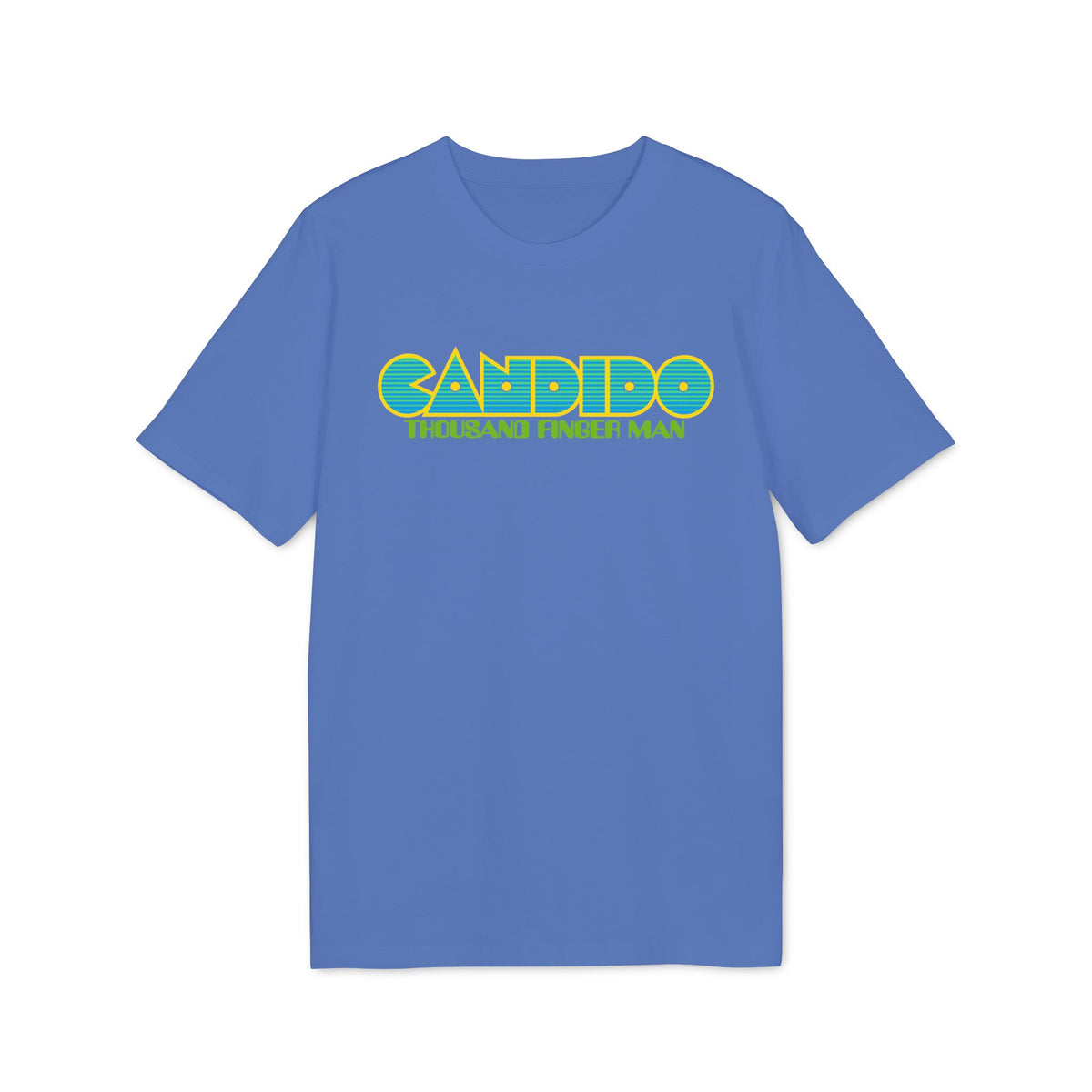 A blue t-shirt featuring the yellow and green text Candido Thousand Finger Man on the chest.