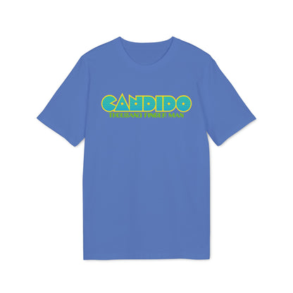 A blue t-shirt featuring the yellow and green text Candido Thousand Finger Man on the chest.