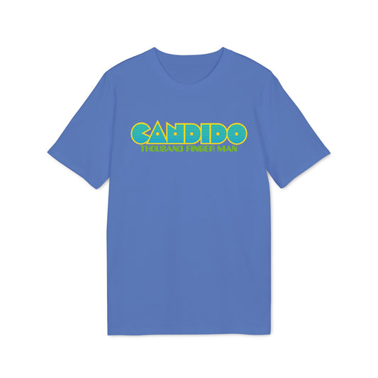 A blue t-shirt featuring the yellow and green text Candido Thousand Finger Man on the chest.