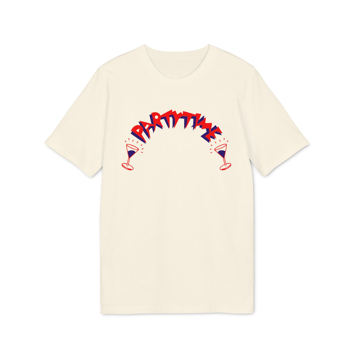 An off-white short-sleeve t-shirt with a curved graphic reading PARTY TIME in red and blue above two cocktail glasses.