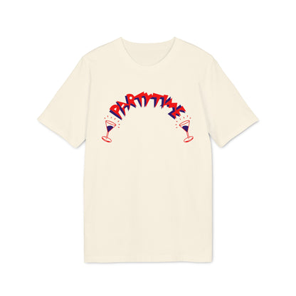 An off-white short-sleeve t-shirt with a curved graphic reading PARTY TIME in red and blue above two cocktail glasses.