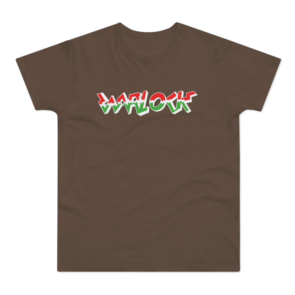 Brown t-shirt with "WARLOCK" in red, green, and white 3D lettering.