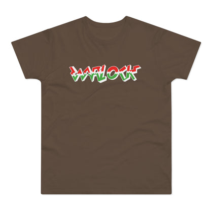 Brown t-shirt with "WARLOCK" in red, green, and white 3D lettering.