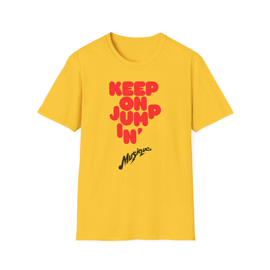 Yellow t-shirt with red "KEEP ON JUMP 'N" and black "Musique" text.