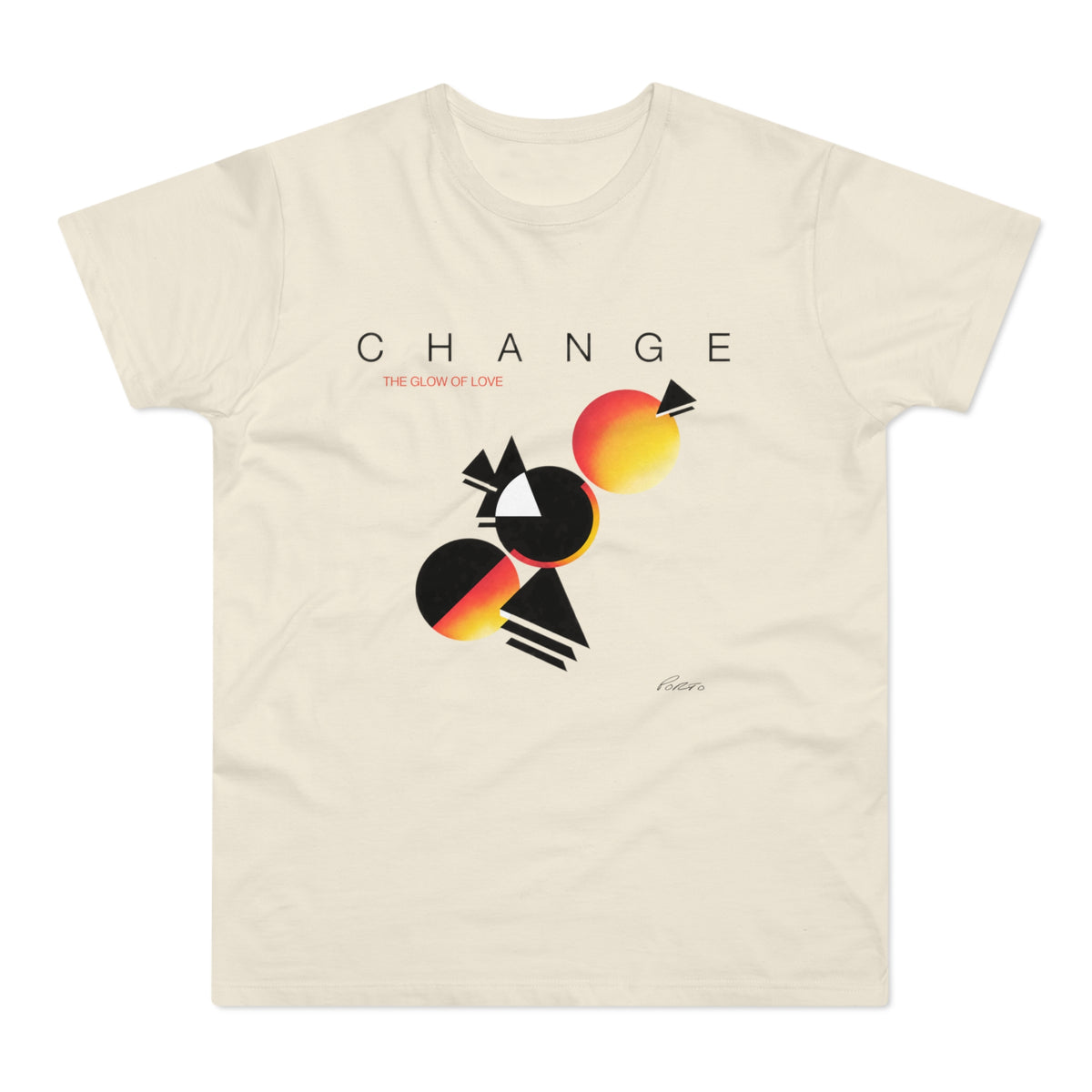 T-shirt with "CHANGE THE GLOW OF LOVE" and abstract geometric art.