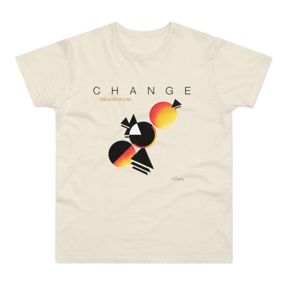 T-shirt with "CHANGE THE GLOW OF LOVE" and abstract geometric art.