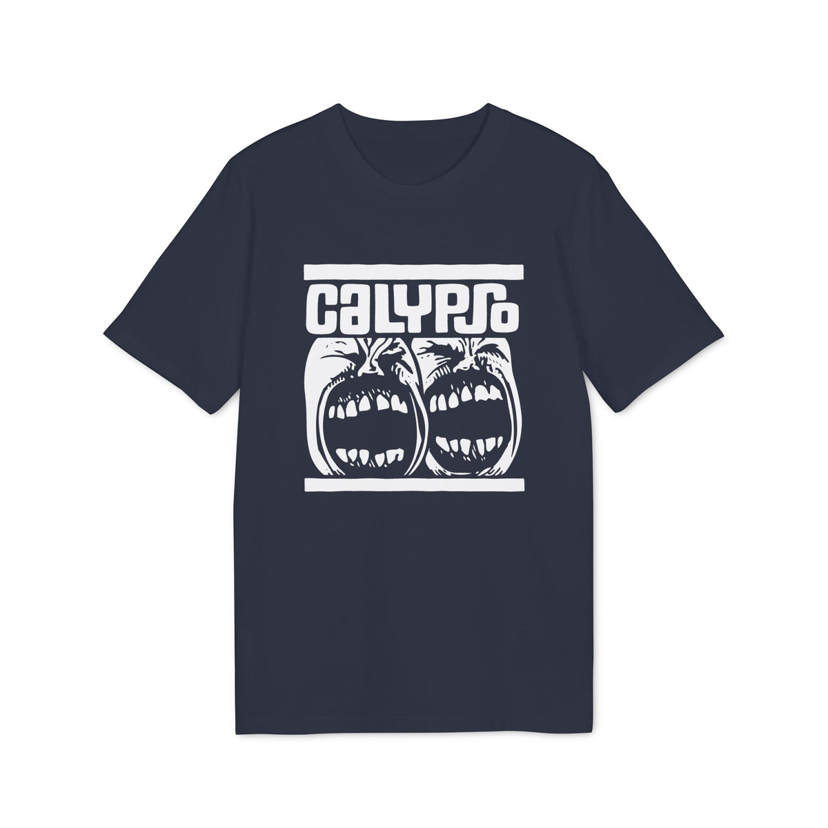 Dark blue short-sleeve t-shirt with a white graphic print of two screaming faces and the text Calypso.