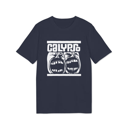 Dark blue short-sleeve t-shirt with a white graphic print of two screaming faces and the text Calypso.