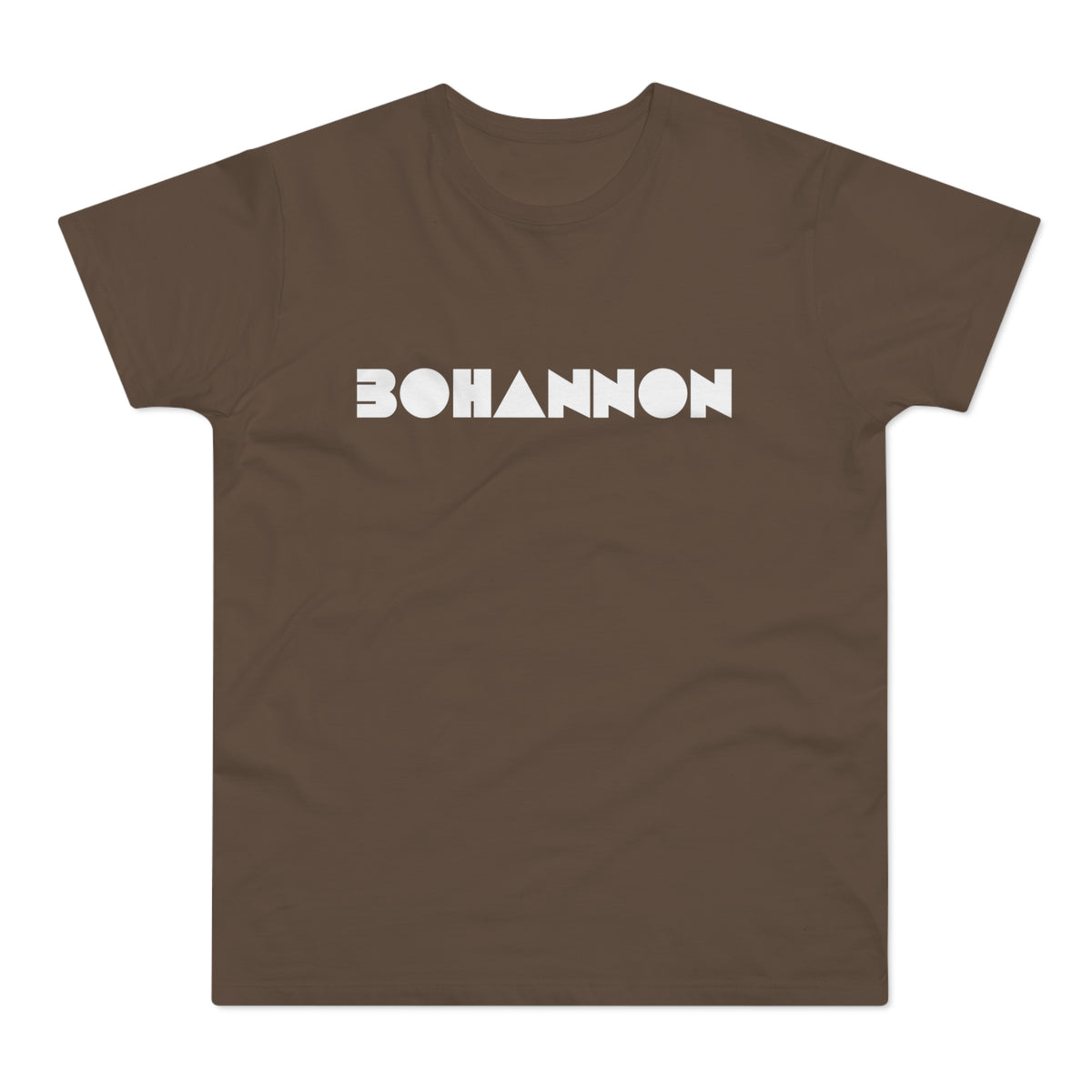 Brown t-shirt with white "BOHANNON" text in geometric font.