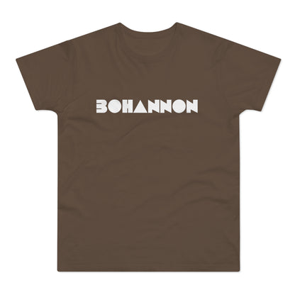 Brown t-shirt with white "BOHANNON" text in geometric font.