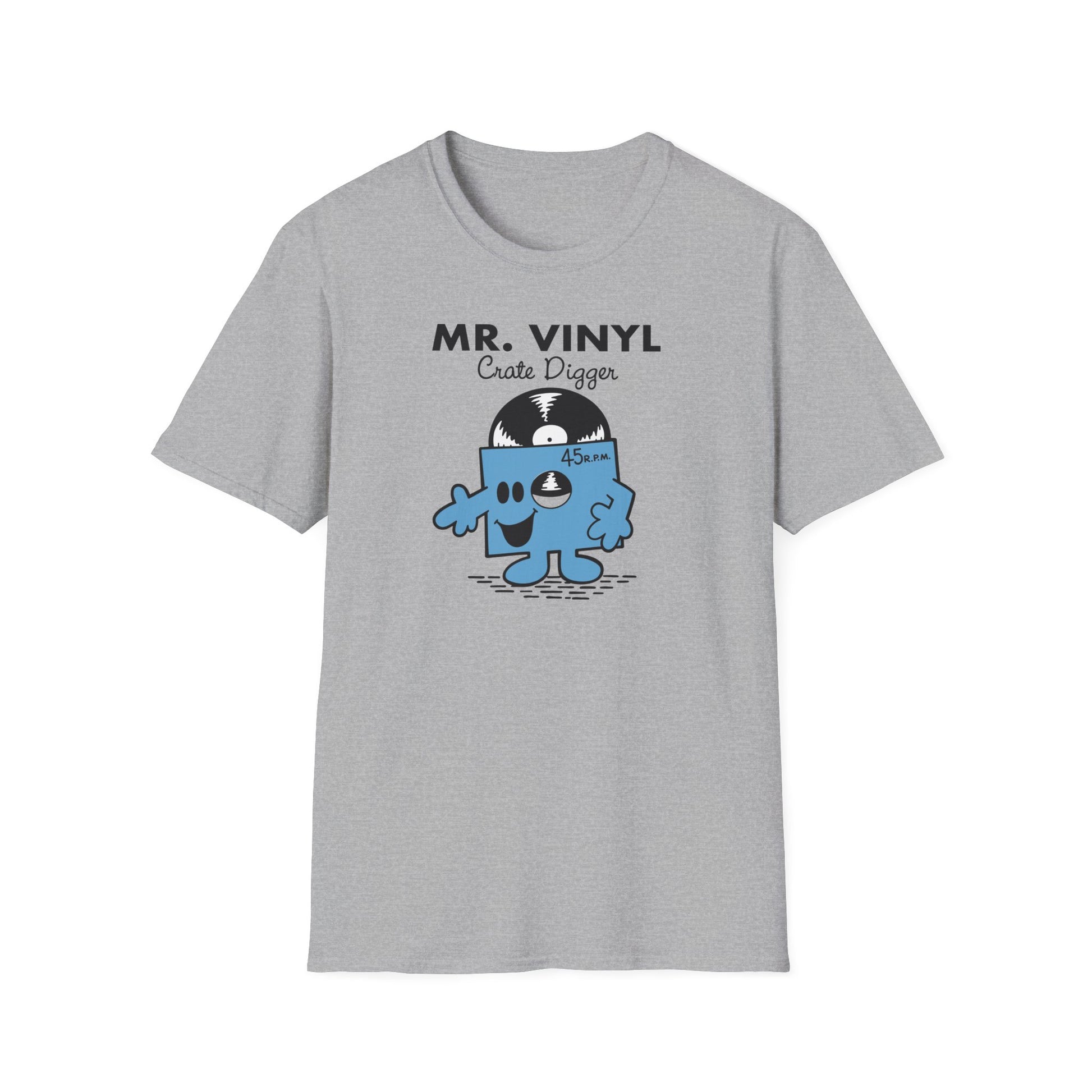 Grey t-shirt with "MR. VINYL Crate Digger" and cartoon vinyl record character.