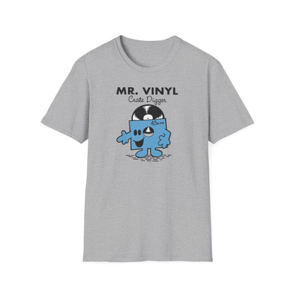 Grey t-shirt with "MR. VINYL Crate Digger" and cartoon vinyl record character.