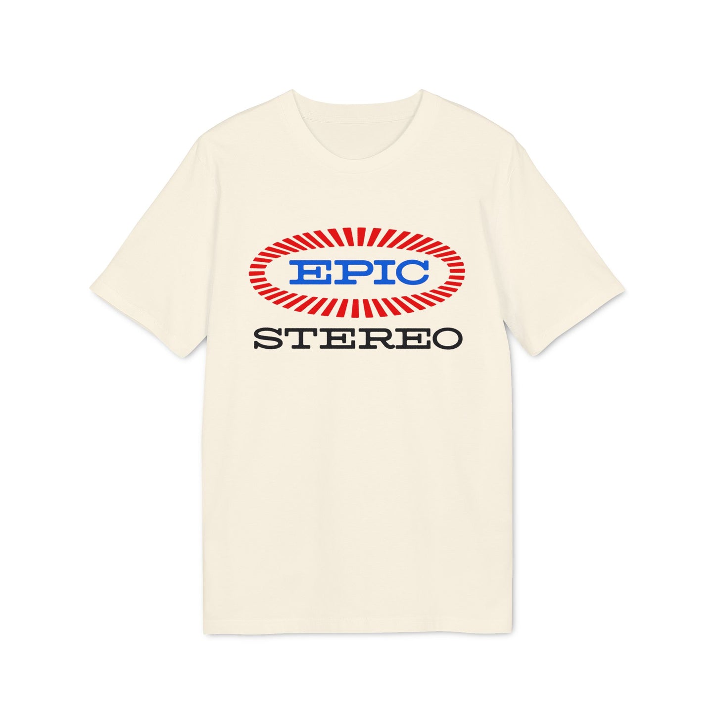 Cream t-shirt with red and blue EPIC STEREO logo.